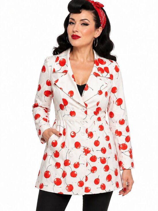 Blingor Jackets & Blazers - NWT Blingor Cherry Print Trench Jacket Rockabilly Pinup Retro Coat Sz S
